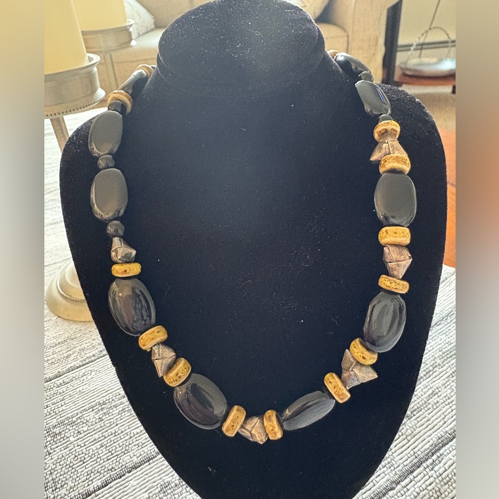 Handcrafted Beaded Necklace-Black/Tan-Loop Clasp-20”